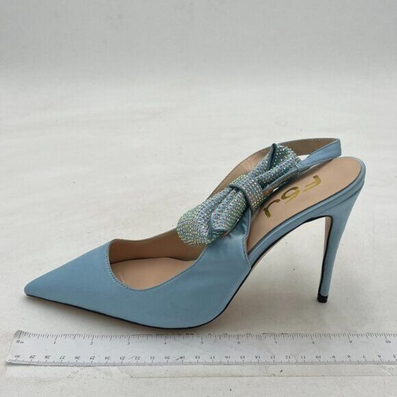 FSJ Skyblue Cute Pointed Toe High Heel Rhinestone Bowknot Slingback Pumps - Picture 2 of 9